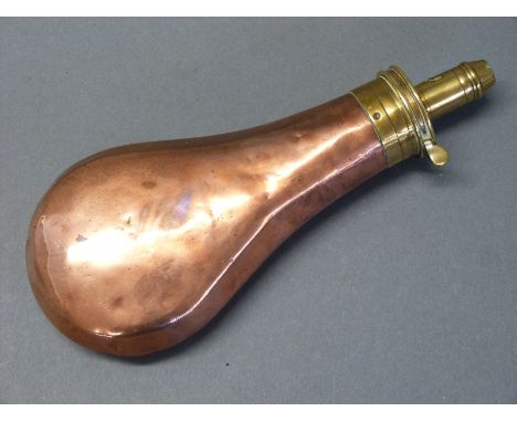 James Dixon & Sons copper and brass improved patent powder flask with bevelled edge, 20cm long 