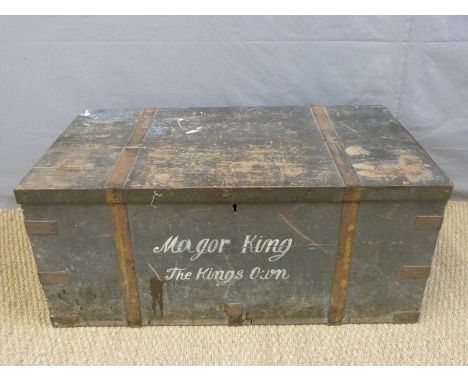 A metal bound campaign trunk to Major King, The King's Own, length 102cm x depth x 57cm x height 44cm