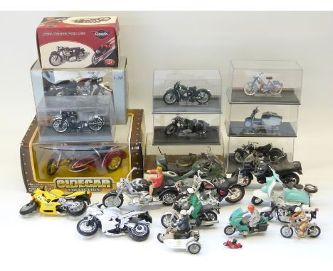 Twenty-five Maisto, Atlas Editions and other diecast model motorbikes and side cars, some in original boxes