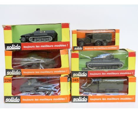 Six Solido diecast model military vehicles, Bussing 226 x2, Char PZIV 237, Half-Track Hanomag 241,  Dodge 6x6 242 and Kaiser-