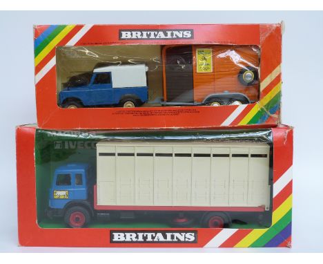 Two Britains model farm vehicles Animal Transporter 9580 and Land Rover and Horse Box set 9593, both in original boxes