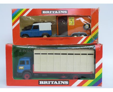 Two Britains model farm vehicles Animal Transporter 9580 and Land Rover and Horse Box set 9593, both in original boxes