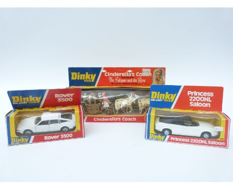 Three Dinky Toys diecast model vehicles comprising Cinderella's Coach 111, Princess 2200 HL Saloon 123 and Rover 3500 180, al