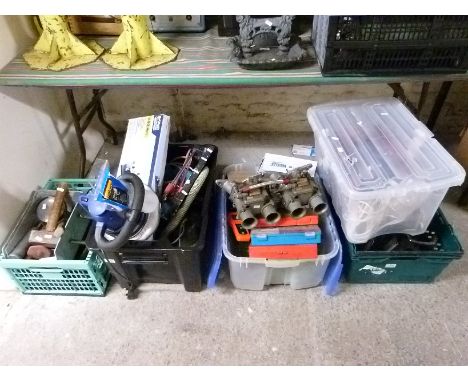A quantity of tools, pumps, laser level etc to include axle stands, files, polisher, consumables and a set of Del Lorto carbu