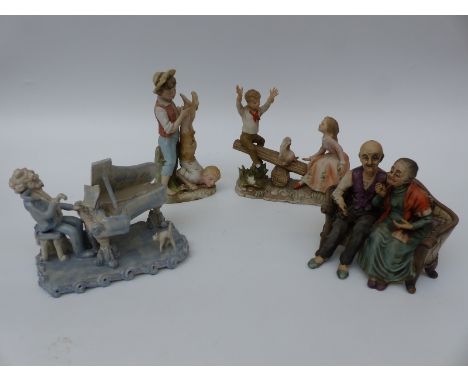 Three Capodimonte figures and a novelty ceramic pianist 