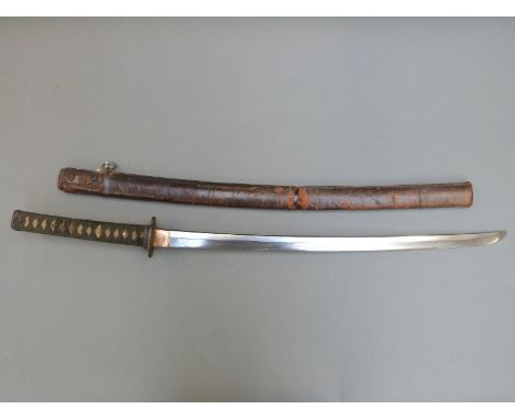 Japanese civilian army officer's sword with signed tang, showa stamp and visible hamon in leather scabbard 