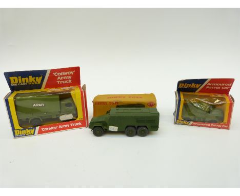 Three Dinky Toys diecast model military vehicles, Armour Patrol Car 667, Armour Command Vehicle 677 and 'Convoy' Army Truck 6