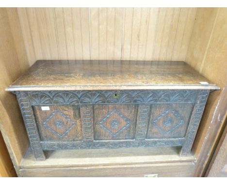 A late 19thC / early 20thC carved oak coffer or trunk, W106 x D45 x H53cm