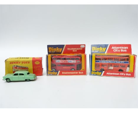 Three Dinky Toys diecast model buses Routemaster Bus 289, Atlantean City Bus 291 and Leyland Atlantean Bus 292, all in origin