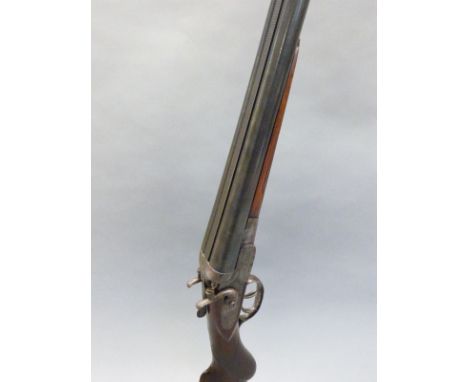 Belgian 12 bore side by side hammer action shotgun with engraved locks, chequered semi-pistol gripped forend, double trigger,