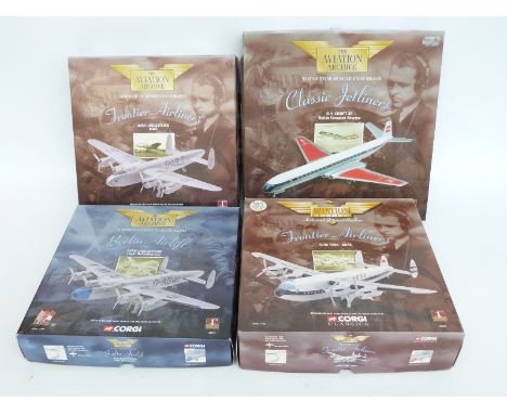 Four Corgi The Aviation Archive 1:144 scale diecast model aeroplanes Frontier Airlines BOAC Aero York 47202 and BOAC Avro Lan