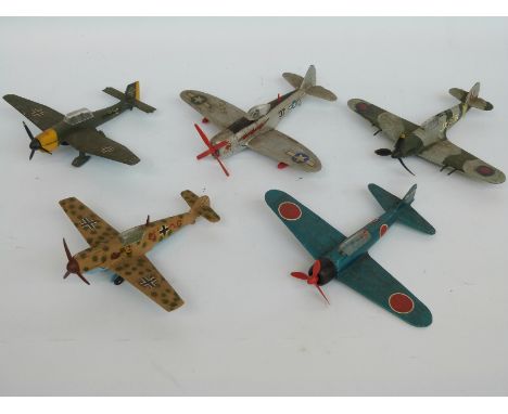 Five Dinky Toys diecast model aeroplanes, Junkers JU 87 B, P-47 Thunderbolt, Hawkers Hurricane Mk.II C, A6M5 ZERO-SEN and Mes