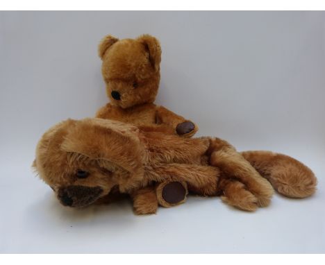 A Chiltern style cinnamon mohair Teddy bear with orange and black eyes, leather pads and jointed limbs, 35cm tall together wi