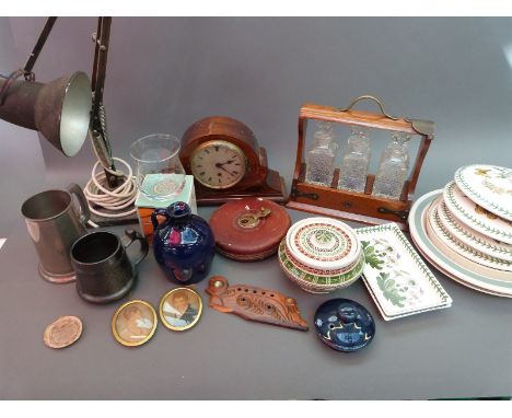 A small tantalus, large treen bowls, mantel clock, Rabone leather tape, ceramics, Portmeirion Botanic Garden ceramics etc