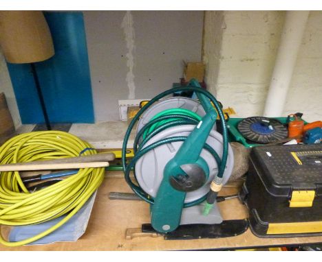 A quantity of garden and other tools, power tools, Railway interest shovel, hoses etc.