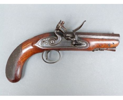 Wilkinson of Bristol 26 bore flintlock hammer action pistol with named and line engraved lock, chequered grip and vacant wris