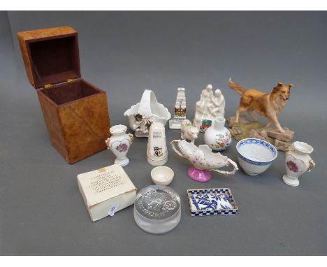 A quantity of crested ware, Aynsley dog, tea or similar caddy etc