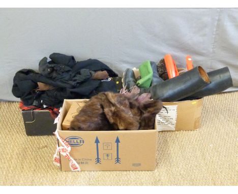A quantity of textiles to include camera bag, fur items and a pair of riding boots