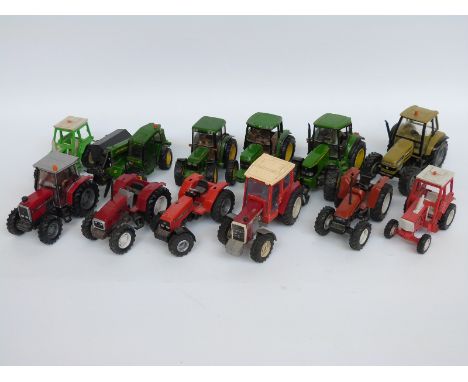 Twelve Britains and similar 1:32 scale diecast and plastic model John Deere, Massey Ferguson, New Holland and Hurliman tracto