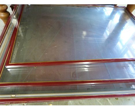 A near pair of diecast model vehicle or 00 gauge train display cabinets with glass shelves, approximately 85x55cm and 83.5x75