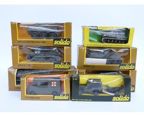 Eight Solido diecast model military vehicles, Char Amphibie PT.76 'Lance Fusee' 218, Renault R35 233, Half Track M3 244, VAB 