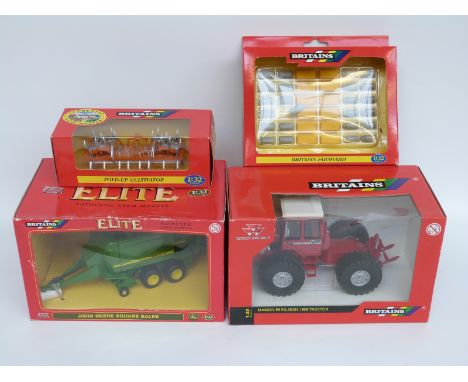 Four Britains 1:32 scale diecast model farm vehicles and accessory sets, Massey Ferguson 1505 Tractor 42105, John Deere Squar