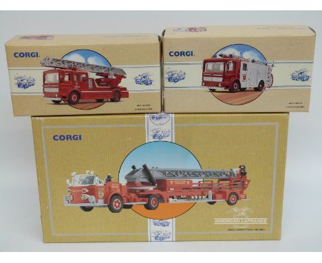 Seven Corgi Classics diecast model fire engines American La France Aerial Ladder Truck 97324, AEC Pump Escape Fire Engine 973