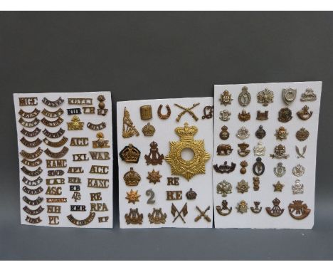 Three displays of various military insignia; shoulder titles including Somerset, Wilts, Cornwall, Northumberland etc, collar 