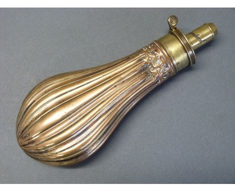 G & J W Hawksley copper and brass powder flask with embossed reeded decoration to both sides and aesthetic style collar, 20.5