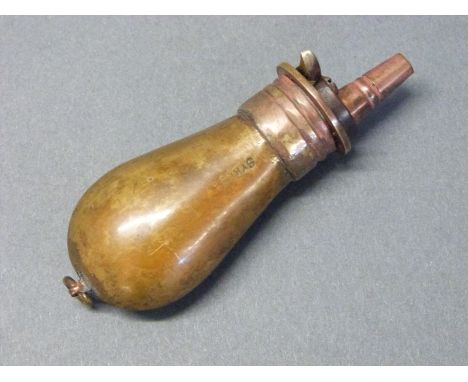 Sykes very small copper and brass pistol powder flask with single suspension loop, 7.5cm long. 