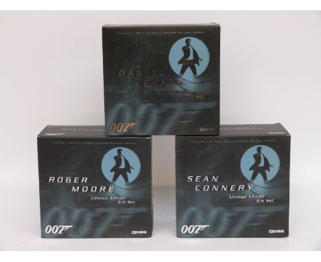 Three Corgi James Bond 007 1:36 scale limited edition diecast model Era sets, Sean Connery, Roger Moore and Daniel Craig, all