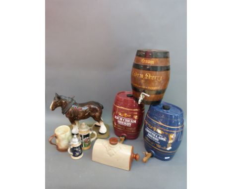 Three ceramic and oak sherry barrels, large ceramic Shire horse on plinth etc