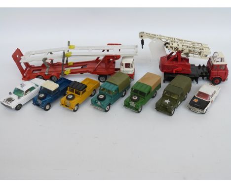 Nine Corgi Toys and Corgi Major Toys diecast model vehicles including military car, Land Rovers, Man From U.N.C.L.E Oldsmobil