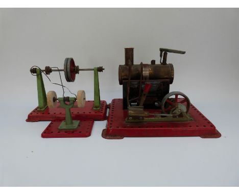 Mamod SE2A live steam stationary steam engine with spring style whistle and reversing lever, together with a lineshaft and po