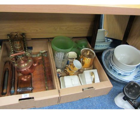 Brass miner's lamp, copper kettle, other metalware, ceramics, glassware and a wall mirror in two boxes