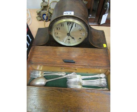 Early 20th century oak cased chiming mantel clock and an oak cutlery box and contents