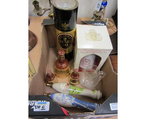 Four Bells whisky bells (unopened), two ceramic beer pull handles, and other items in one box  