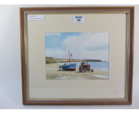 Tractor towing a Coble on the Beach at Filey, watercolour signed Don Micklethwaite