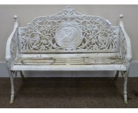 Heavy white painted cast iron garden bench with figure and bird back panel, W130cm