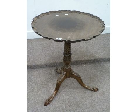 Chippendale style mahogany wine table swivel top with pie crust border, birdcage action and carved column, W61cm, H71cm