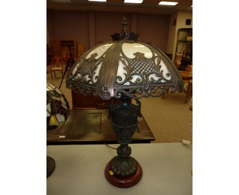 Victorian style anodised metal table lamp with mushroom opaque glass panelled shade H70cm