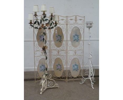 Wrought iron candelabra (H189cm), an oil lamp stand (H156cm), and similar two fold screen (H171cm, W130cm)
