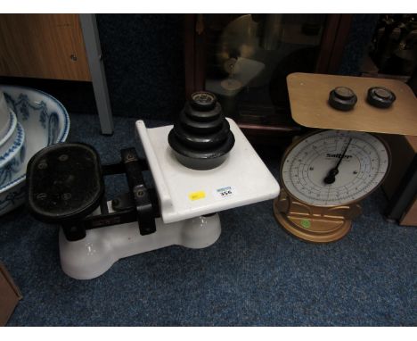 Set of Avery white enamel scales and a Salter parcel balance