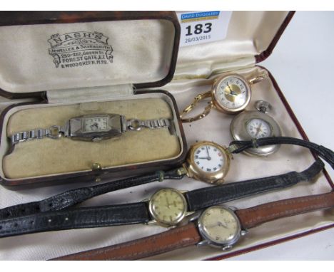 Two early 20th century gold wristwatches hallmarked 9ct and 15ct, Tissot gold wristwatch, Omega stainless steel wristwatch, c