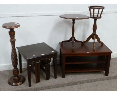 Mahogany lamp table with two coffee tables enclosed, wine table, rope twist column, plant stand and a television stand