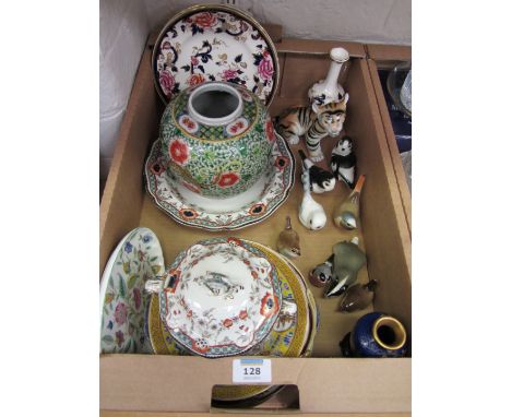 Masons Ironstone plates and vase, USSR ceramic tiger, badger and birds and other decorative ceramics in one box