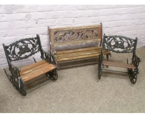 Pair children's cast iron and wood slatted rocking chairs and similar bench