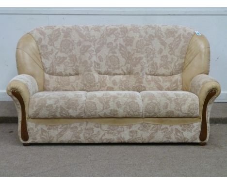 Three seat sofa (W183cm) and pair matching armchairs in cream chenille and leather cover