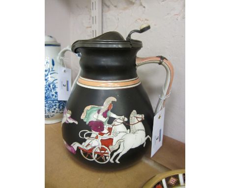 19th century Ashworth jug decorated with Greek mythological scenes on a black ground `Hector`s Body Dragged at the Car of Ach