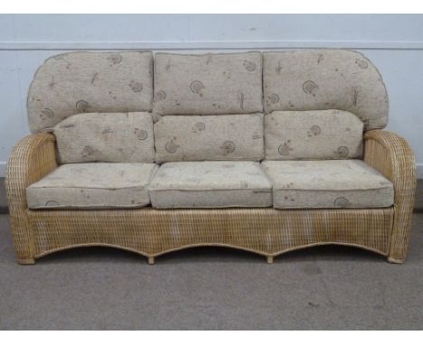 Cane and bamboo three seat lounge/conservatory sofa, (W213cm), two matching armchairs, (W88cm), footstool and coffee table